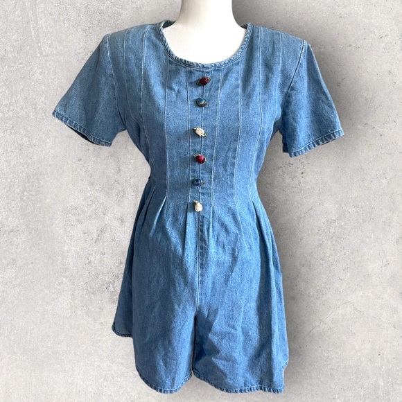 Alexandra Lee Pants - Vintage (80s) Alexandra Lee  Denim Romper With Rose Buttons 🌹